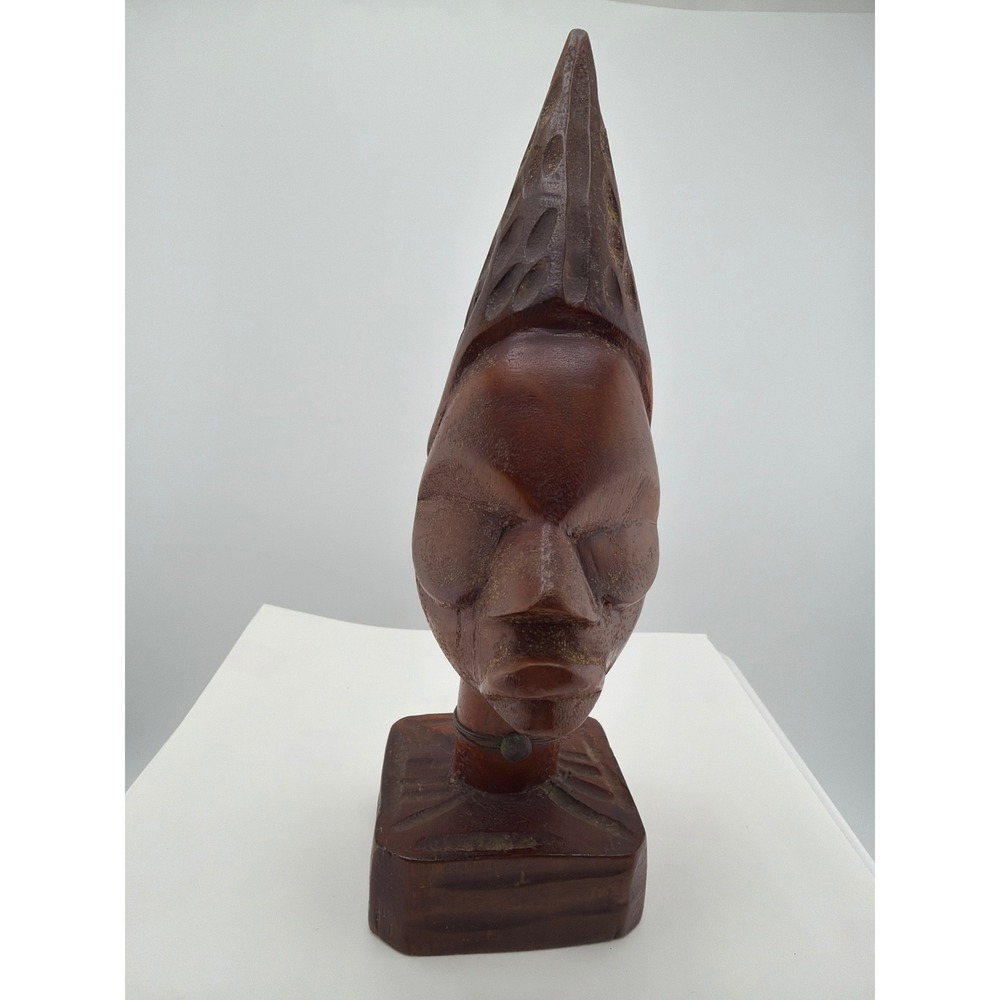 Hand Carved Wood Face Sculpture Pedestal Folk Art Decor - Picture 5 of 5